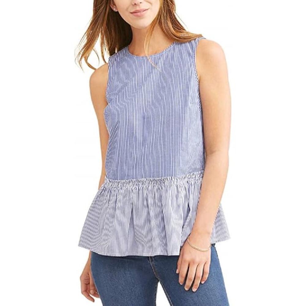 TIME & TRU • Blue + White Preppy Striped Sleeveless Peplum Tank Top